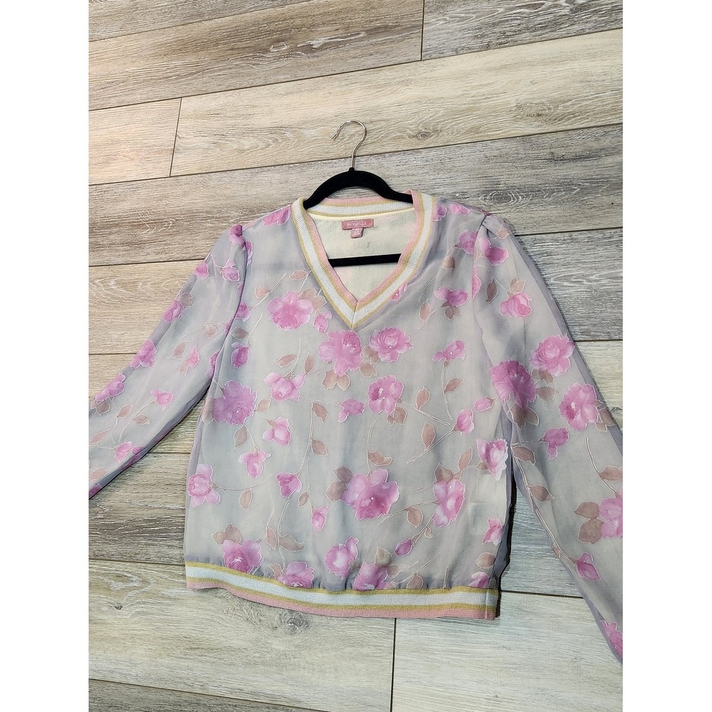 Moiselle Pink Floral Sheer V-Neck Sweater with Cream Trim Size 4